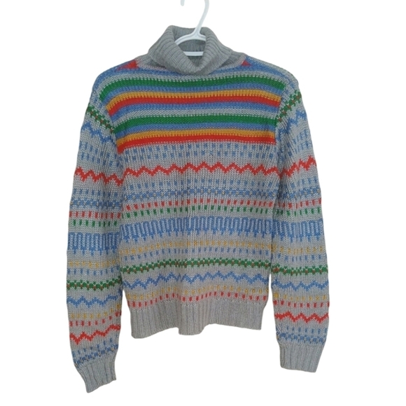 Vintage Fair Isle Knit Cowl Neck Sweater Gray Multicolor Nordic Print Medium - Picture 2 of 3